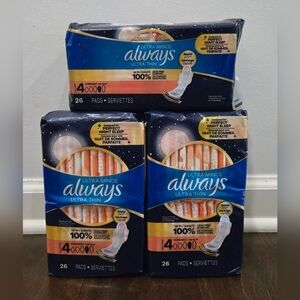 Always Pads Size 4 Bundle 3 packs/26 Ct Ea. Brand New.